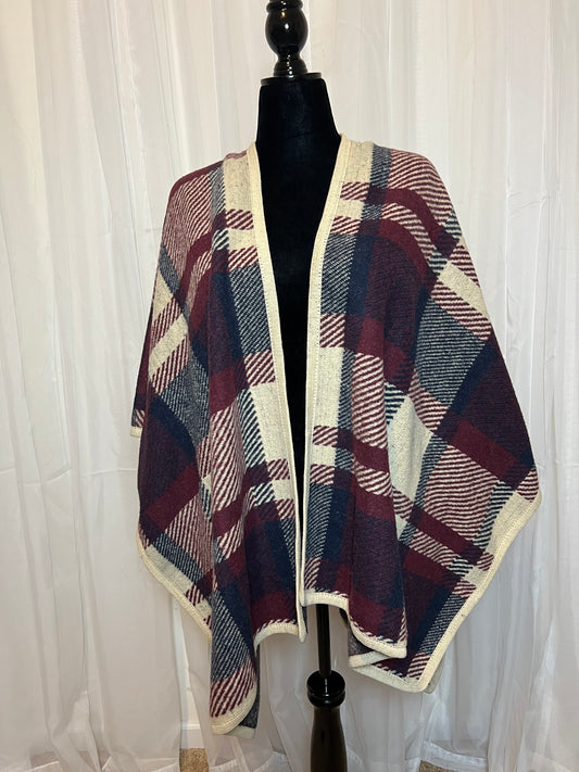 Burgundy blue and tan sweater poncho
